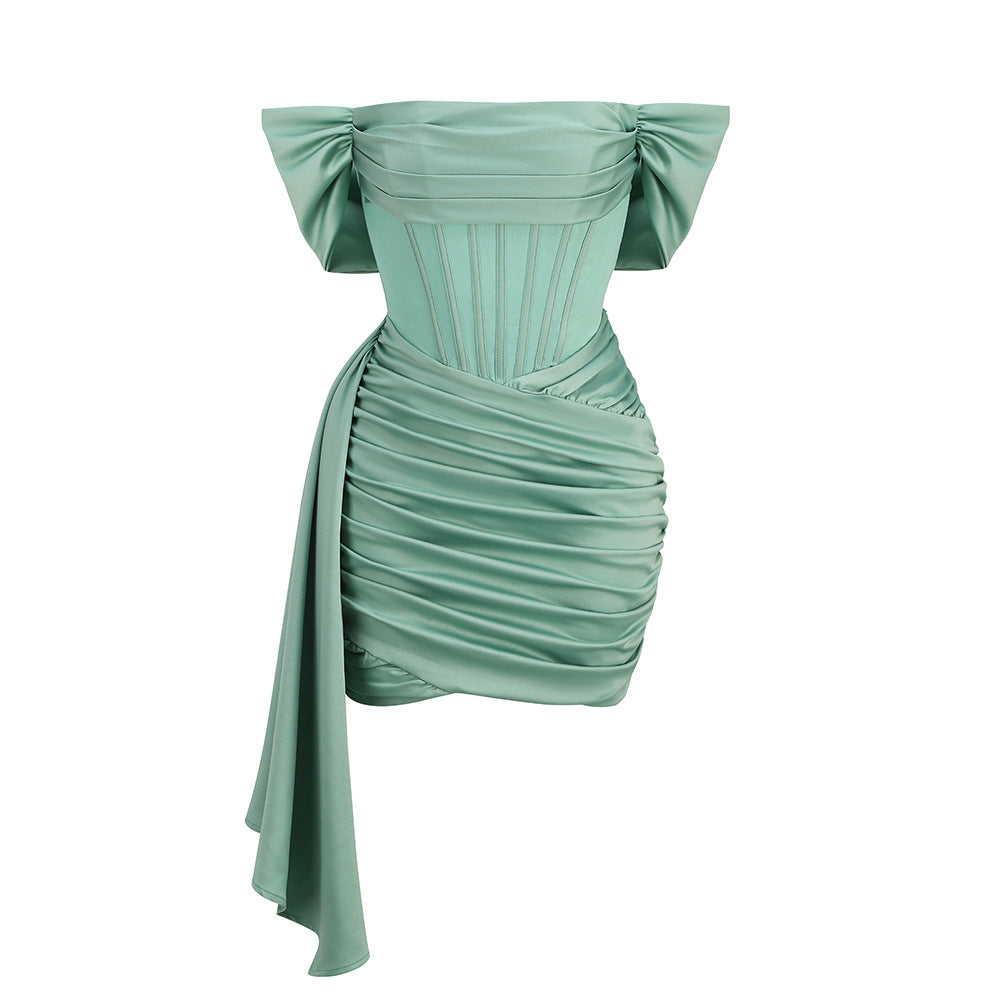 Sexy Solid One-Line Neck Dress Tube Top Gathered Satin Dress